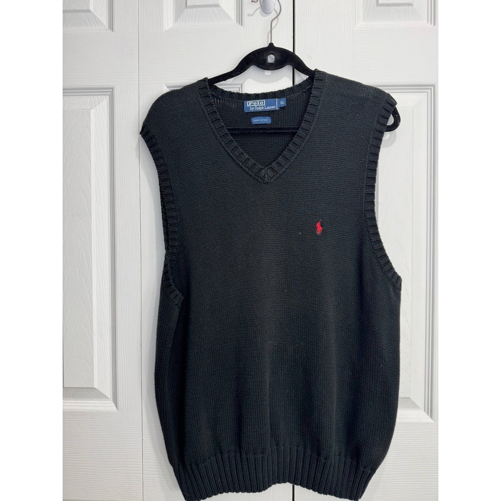 Polo Ralph Lauren V-Neck Knit Sweater Vest Men's XL Black Sleeveless 100% Cotton